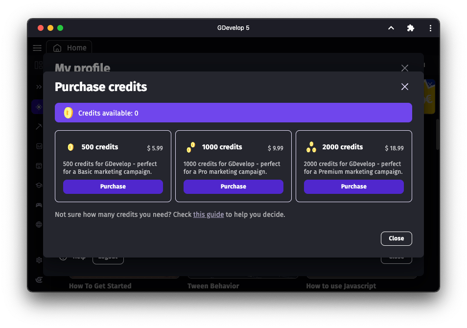 GDevelop Credits Packages